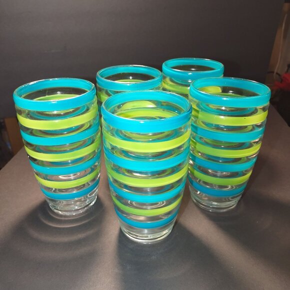 Set Of 5 Retro Glass Tumblers With Blue & Green Stripes 6.5" Tall - Picture 2 of 7